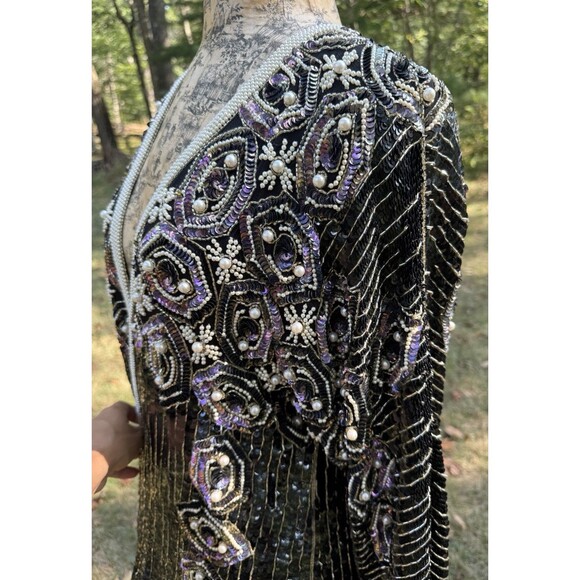 Vtg Oleg Cassini Sparkly Beaded Sequin Jacket Embellished Pearls Open Front Sz L - Picture 12 of 16